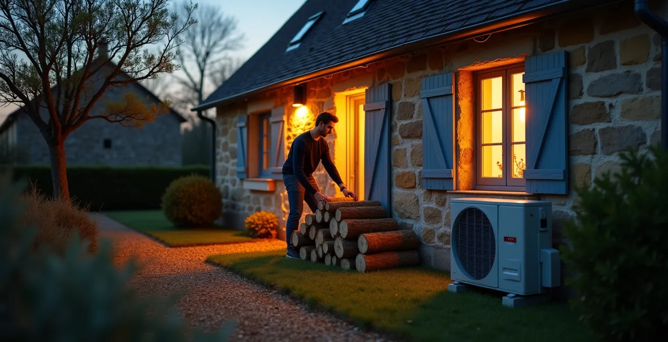 Maison de campagne avec installation de pompe à chaleur et réserve de bois
