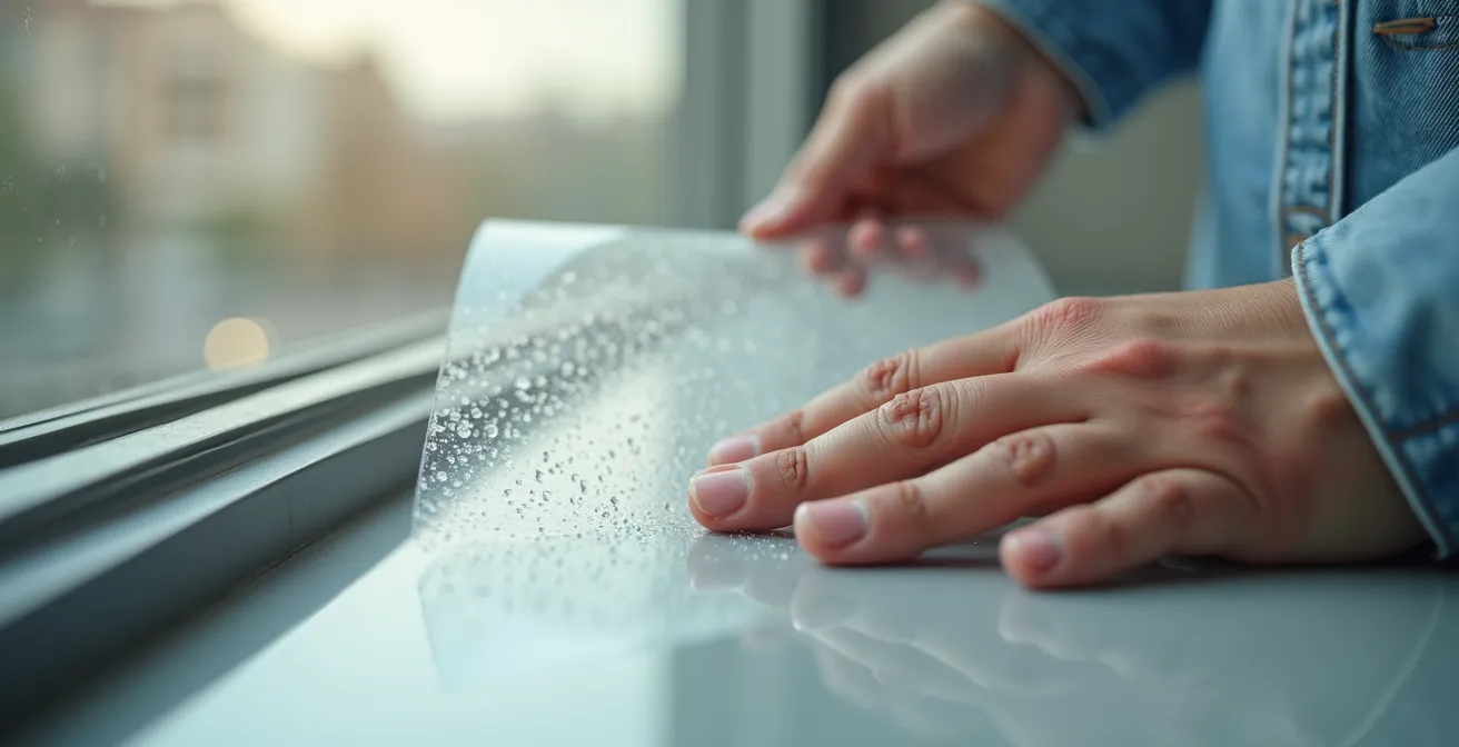 Mains appliquant un film transparent sur une vitre de fenêtre