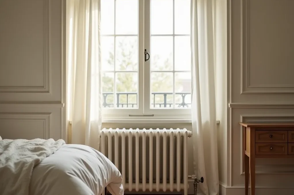 Chambre française typique avec radiateur équipé d'un robinet thermostatique réglé en position 2-3