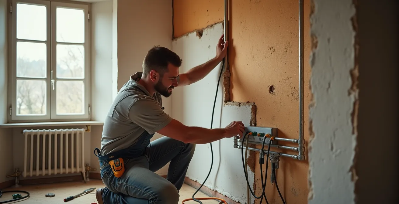 Vue d'ensemble d'un chantier ITI montrant les différents corps de métier