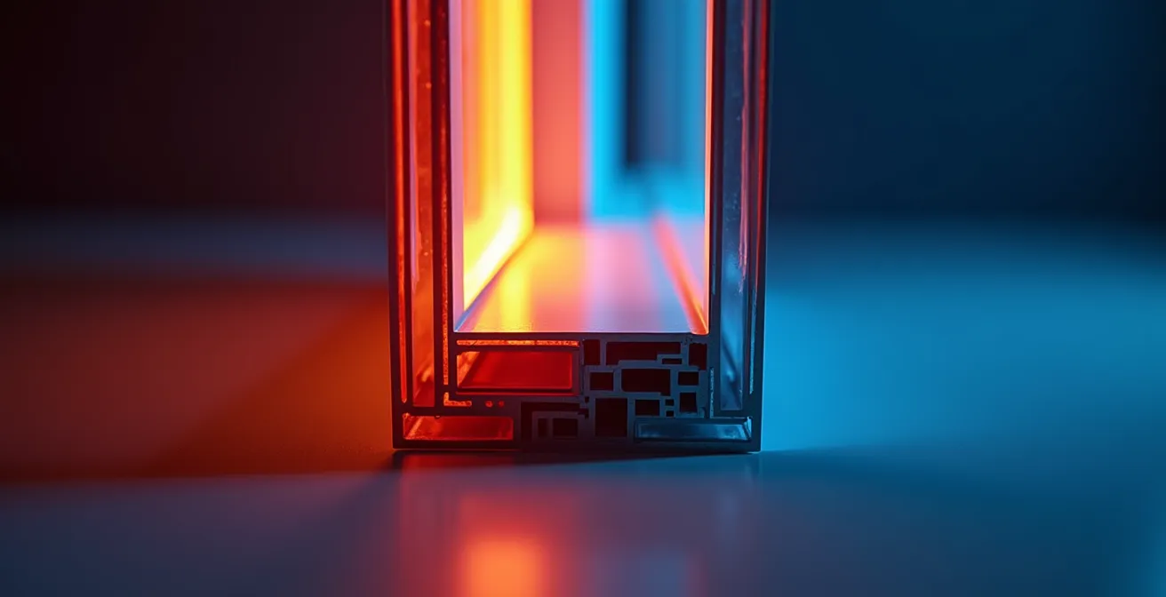 Schéma technique montrant les flux thermiques à travers une fenêtre avec coefficients Uw, Sw et Tlw