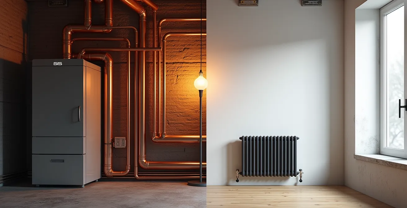 Vue comparative d'un système central avec chaudière et radiateurs individuels