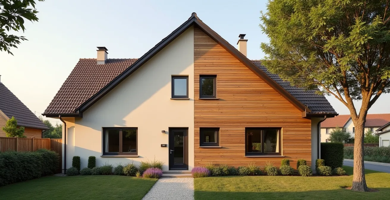 Maison française avec moitié enduit et moitié bardage bois montrant les deux techniques d'ITE