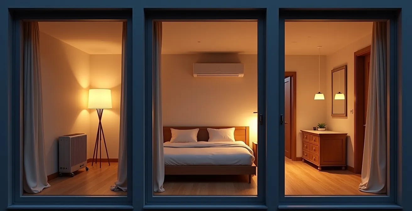 Coupe architecturale montrant trois types d'habitations avec leurs systèmes de chauffage respectifs