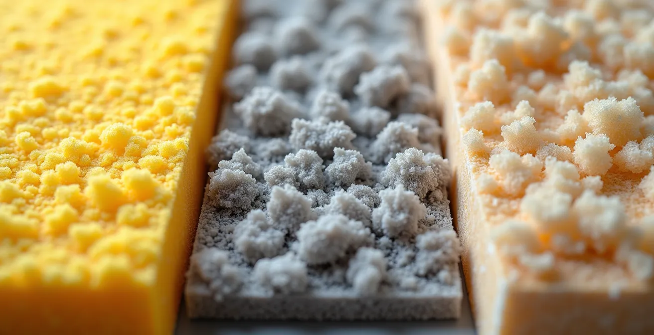 Échantillons de différentes laines isolantes - verre, roche et bois - disposés pour comparaison