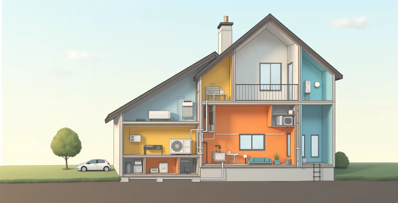 Vue éclatée d'une maison française montrant les différentes contraintes d'installation pour chaque type de chauffage