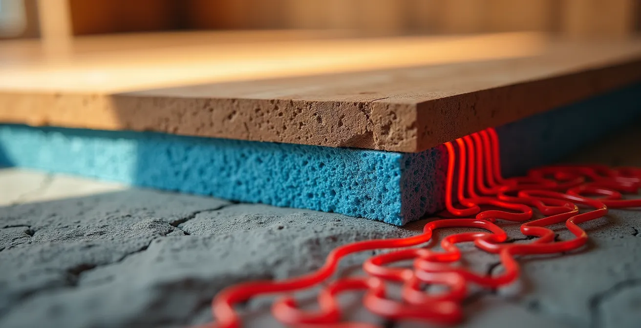 Coupe technique d'un plancher chauffant montrant les différentes couches