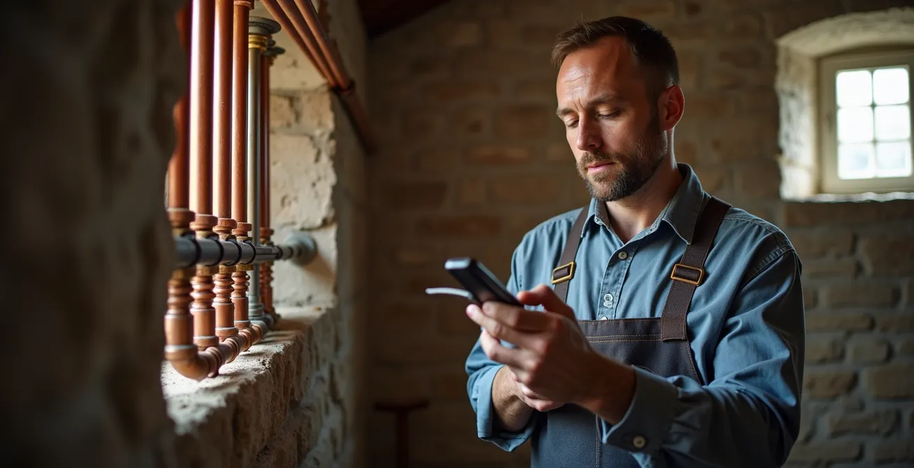 Artisan chauffagiste examinant l'installation dans une maison ancienne avec ses outils