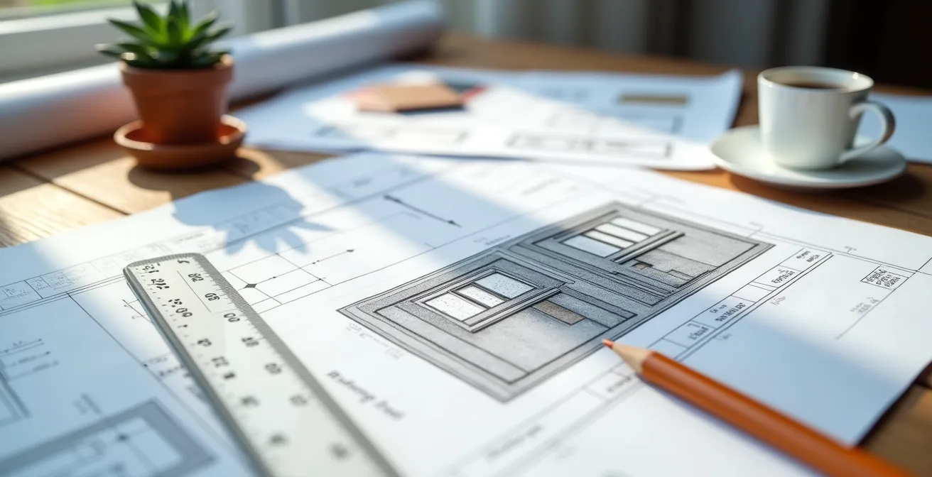 Bureau avec plans de façade et documents administratifs pour déclaration préalable de travaux ITE