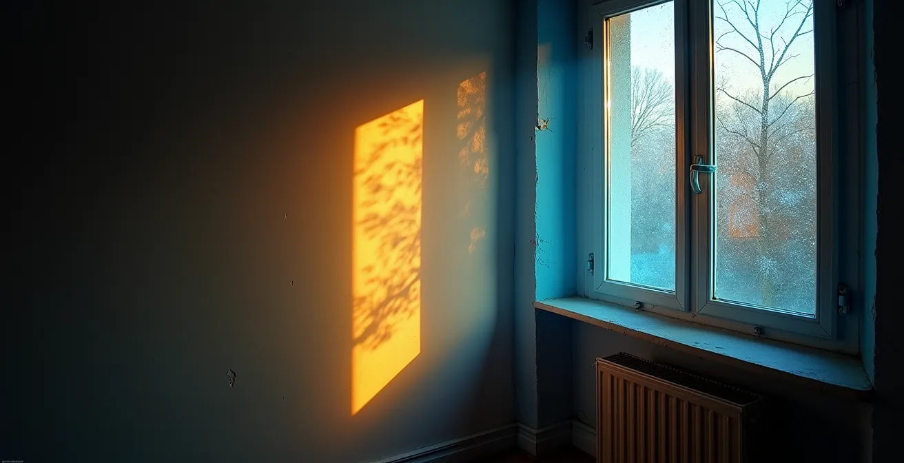 Vue thermographique stylisée d'un mur d'appartement montrant les zones de déperdition