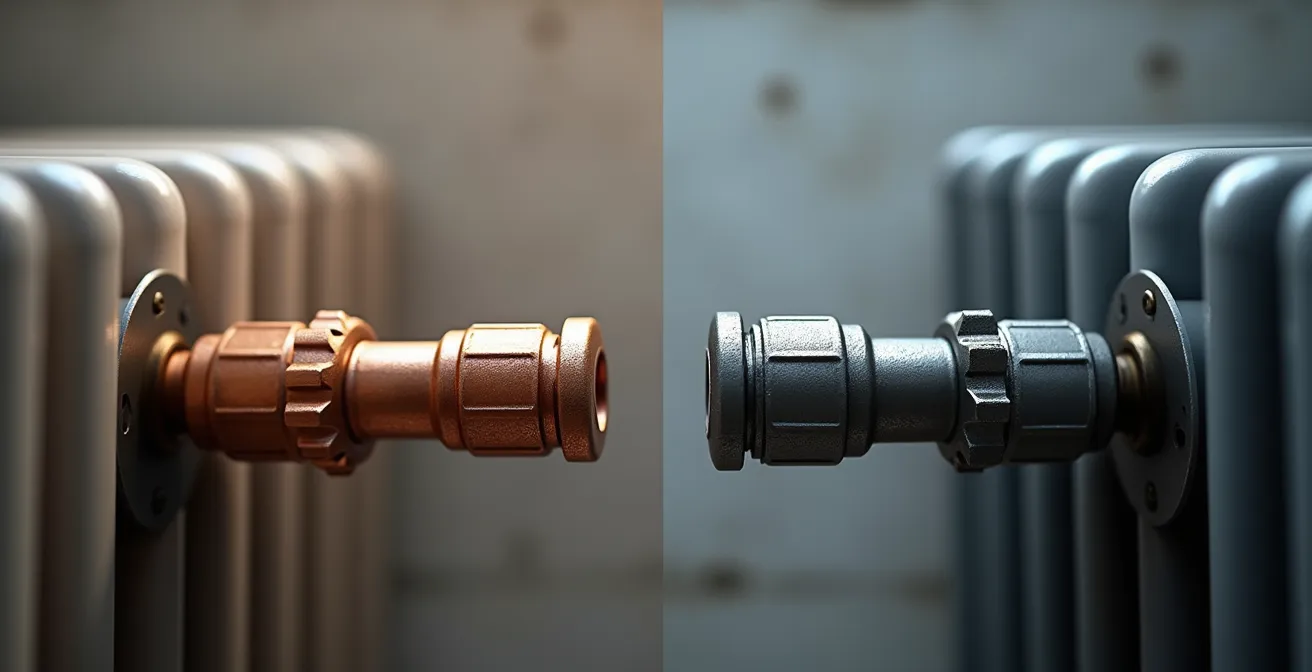 Comparaison visuelle entre une installation monotube et bitube montrant les raccordements des radiateurs