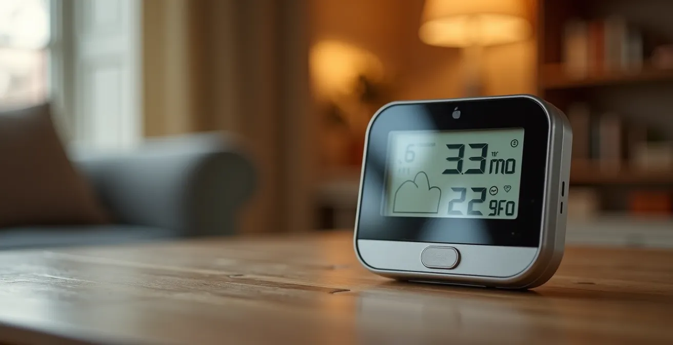 Gros plan sur un hygromètre moderne affichant 50% d'humidité dans un intérieur confortable