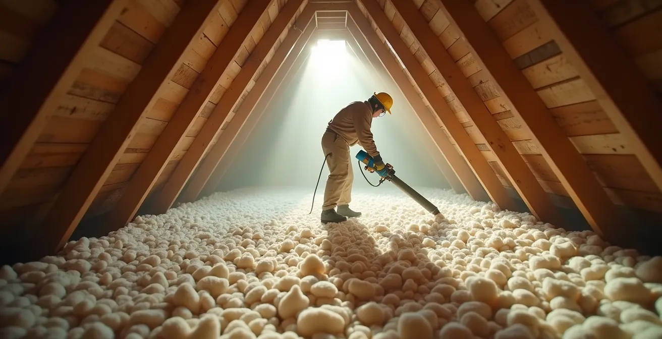 Professionnel soufflant de la laine minérale dans des combles perdus pour une isolation optimale
