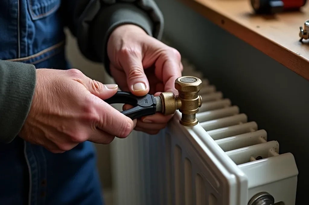 Gros plan sur une main de technicien manipulant délicatement la tige d'un robinet thermostatique avec une pince