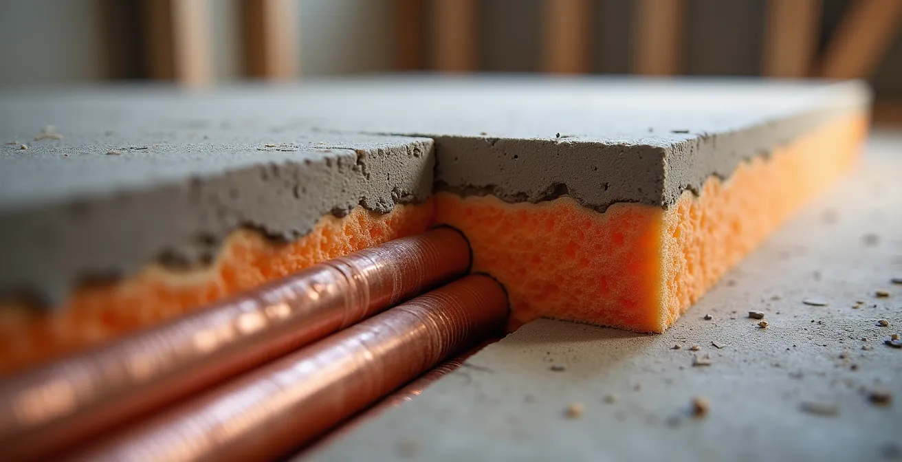 Vue en coupe d'un plancher chauffant hydraulique installé lors d'une rénovation