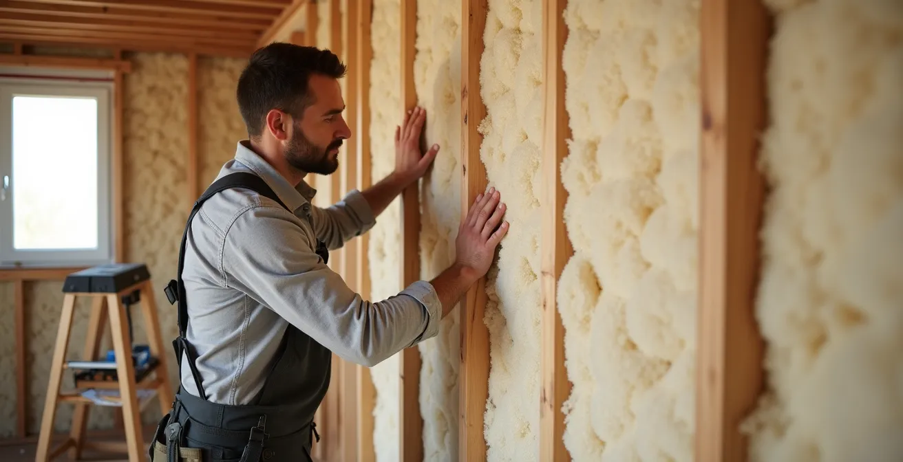 Installation d'isolant biosourcé en panneaux de fibre de bois dans une ossature murale