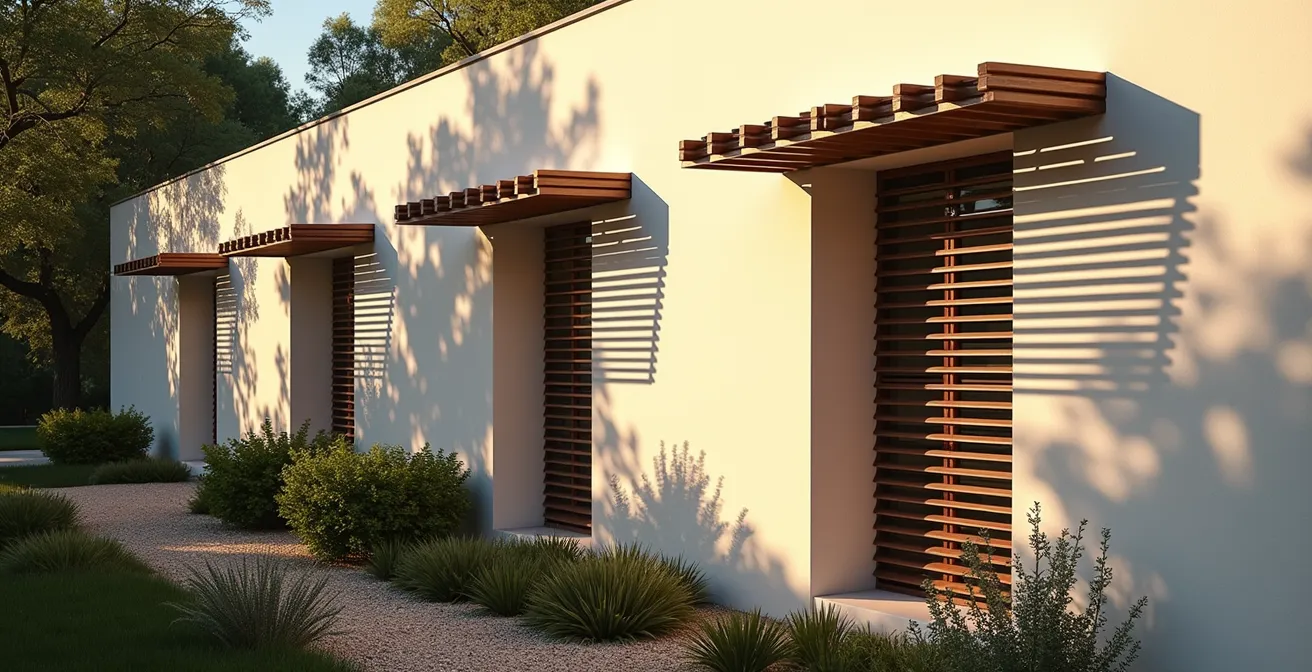 Façade moderne d'une maison française équipée de brise-soleils orientables en aluminium créant des jeux d'ombre