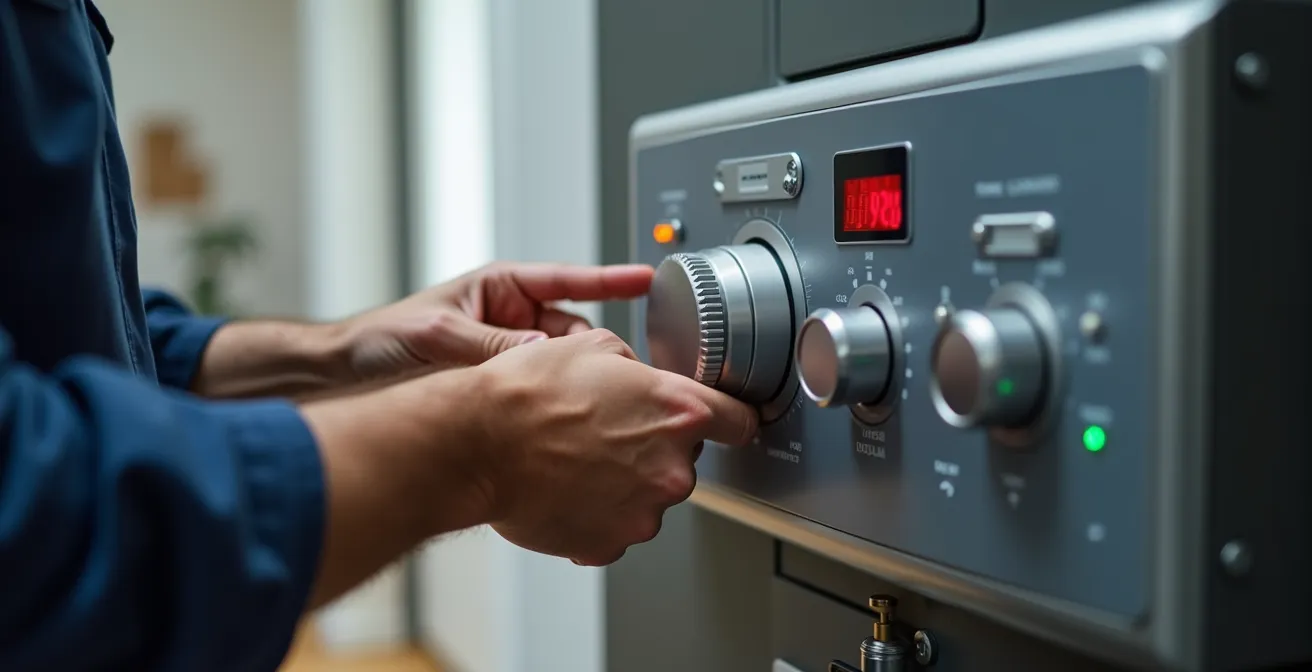 Technicien RGE réglant les paramètres d'une chaudière à condensation