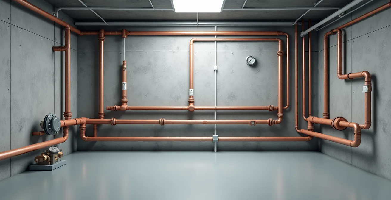 Réseau de tuyauterie de chauffage central dans un espace technique