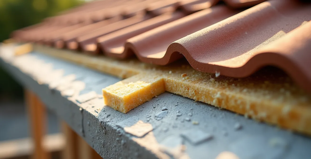 Coupe technique détaillée d'un sarking montrant les différentes couches d'isolation sur une charpente