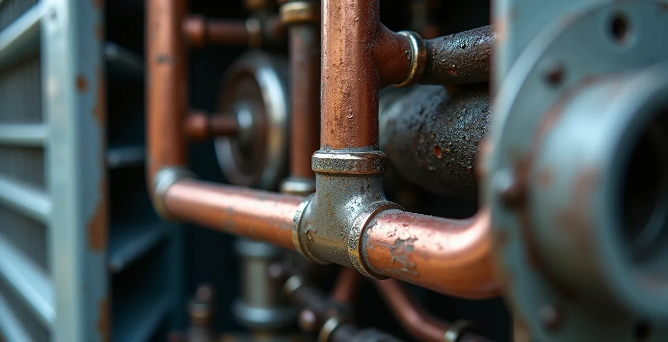 Vue détaillée des composants internes d'une pompe à chaleur montrant le cycle thermodynamique