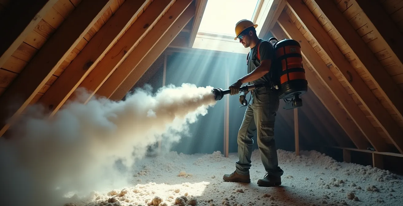 Machine de soufflage d'isolant en action dans des combles perdus