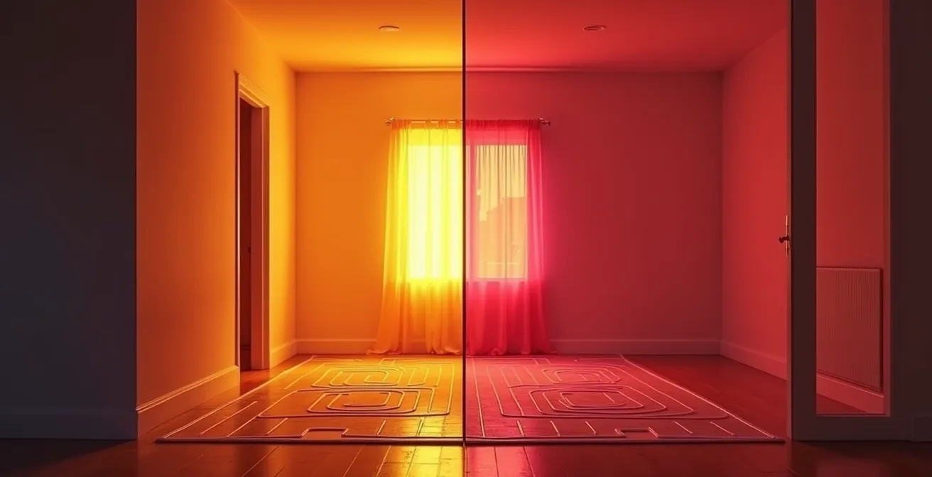 Coupe thermographique d'une pièce montrant la répartition de la chaleur avec différents systèmes de chauffage