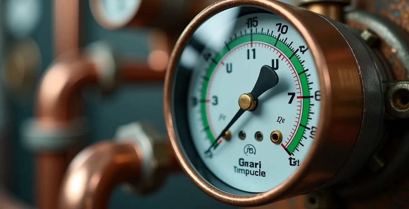 Gros plan sur le manomètre d'une chaudière indiquant la pression optimale