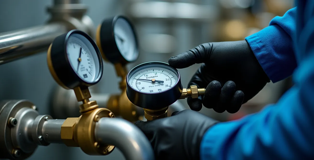 Technicien RGE effectuant un diagnostic de chaudière avec équipement de mesure