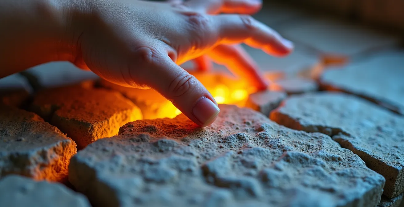 Gros plan sur un mur en pierre ancien avec effet de rayonnement thermique visible et main testant la température de surface
