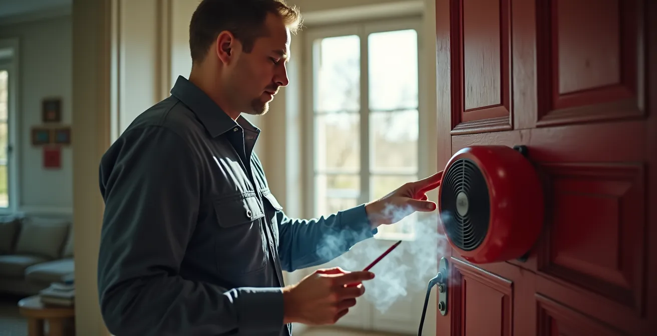 Test d'infiltrométrie en cours dans une maison avec équipement professionnel