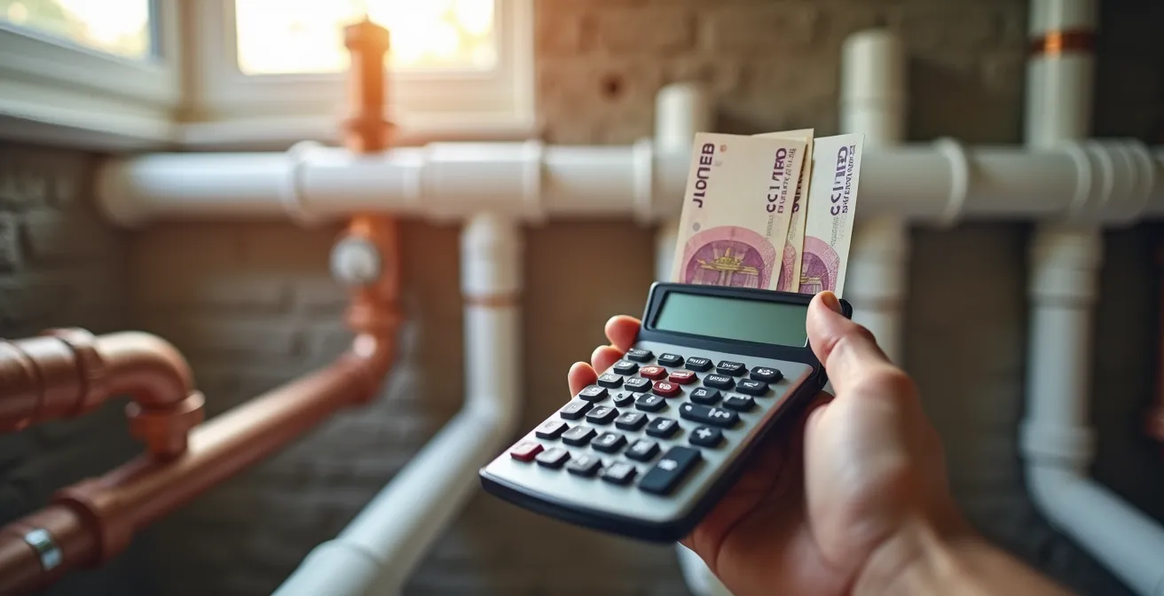 Main tenant une calculatrice devant des tuyaux isolés avec des billets d'euros flous en arrière-plan