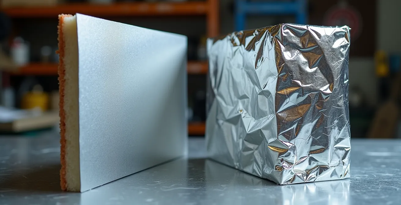 Comparaison visuelle entre panneau réflecteur rigide et film aluminium souple sur table de travail