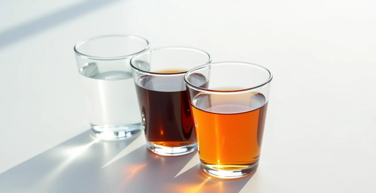 Vue rapprochée de trois échantillons d'eau de radiateur montrant différentes colorations : claire, brunâtre et rouille.