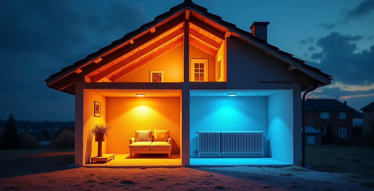 Vue en coupe d'une maison française montrant la différence de température entre rez-de-chaussée et étage