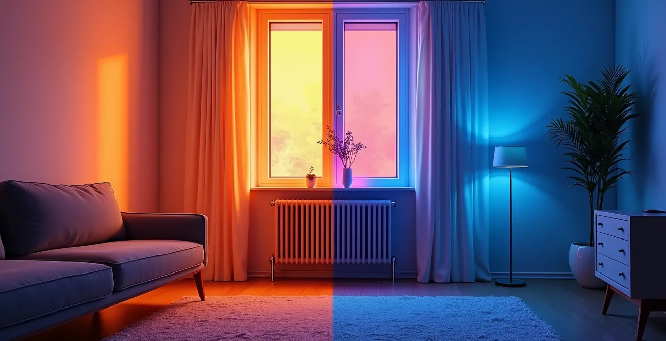 Vue thermographique montrant les zones de chaleur bloquées par un meuble devant un radiateur
