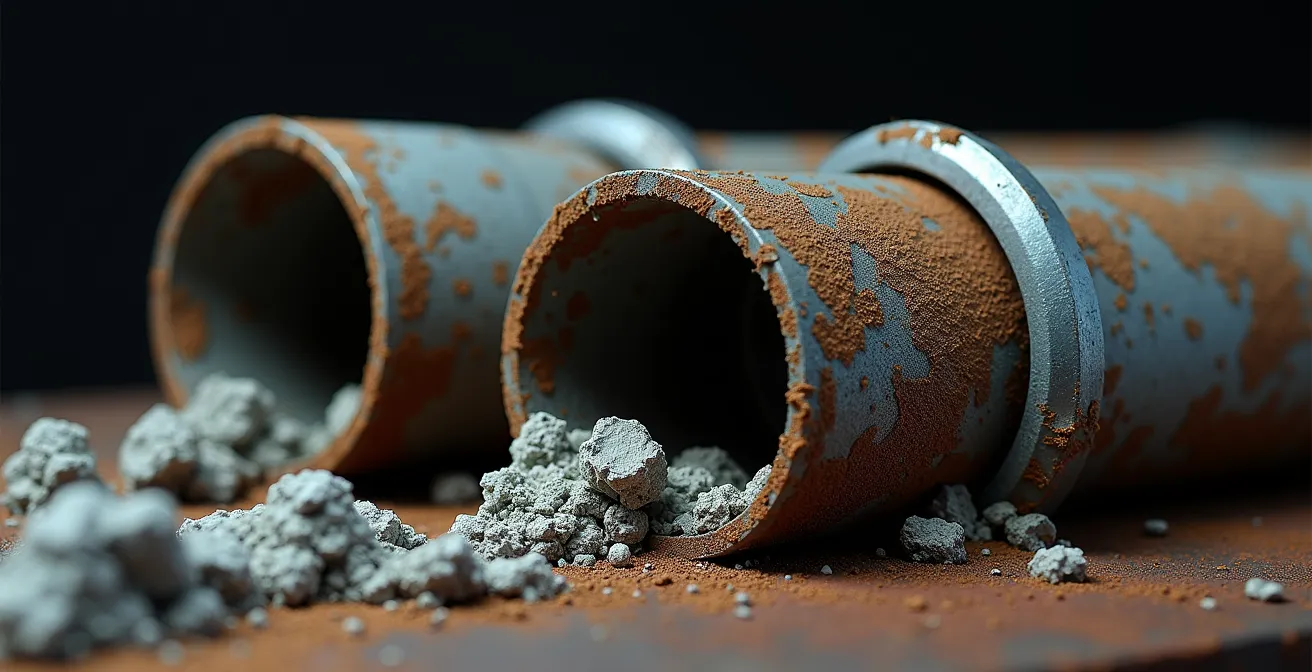 Coupe transversale de tuyaux montrant l'accumulation de tartre et de corrosion à l'intérieur