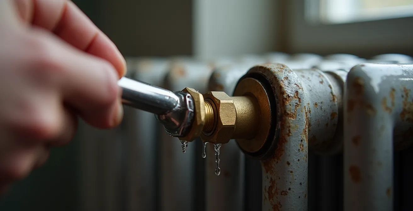 Main tenant une clé Allen ajustant le té de réglage d'un radiateur en fonte
