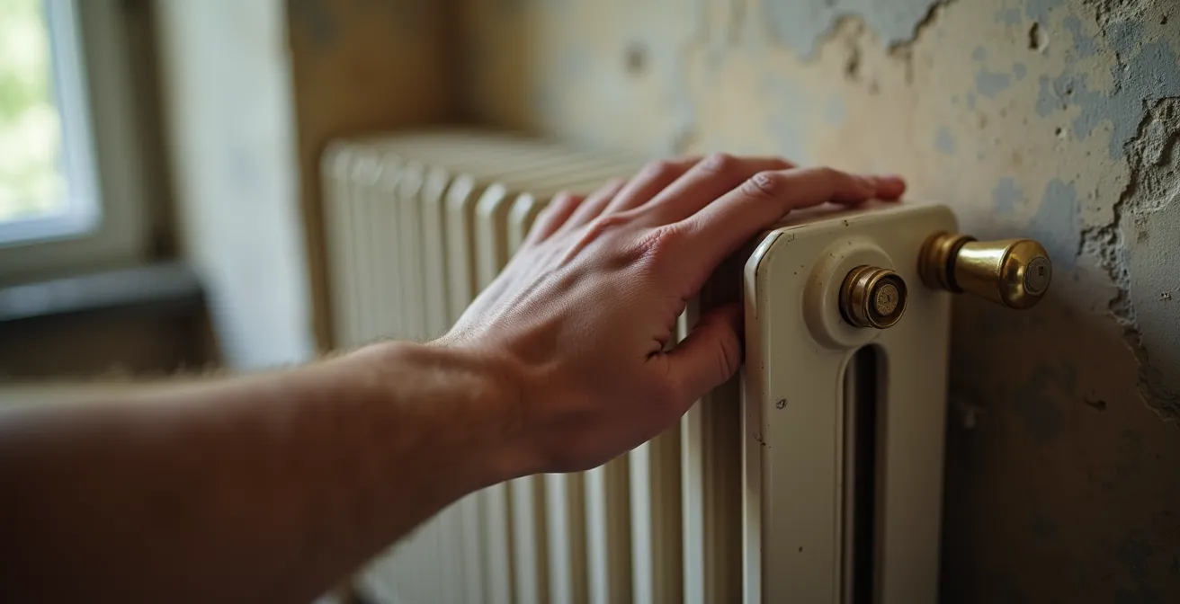 Main posée sur un mur derrière un radiateur pour tester la température