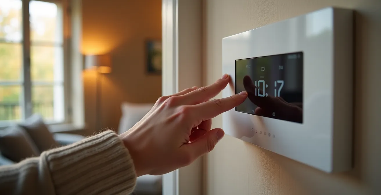 Installation combinée d'un thermostat d'ambiance dans un salon et vue de la sonde extérieure