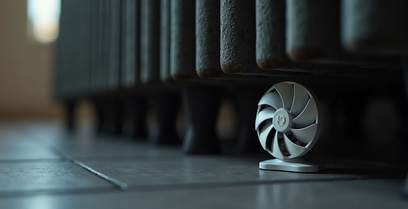 Détail macro d'un petit ventilateur USB installé sous un radiateur en fonte