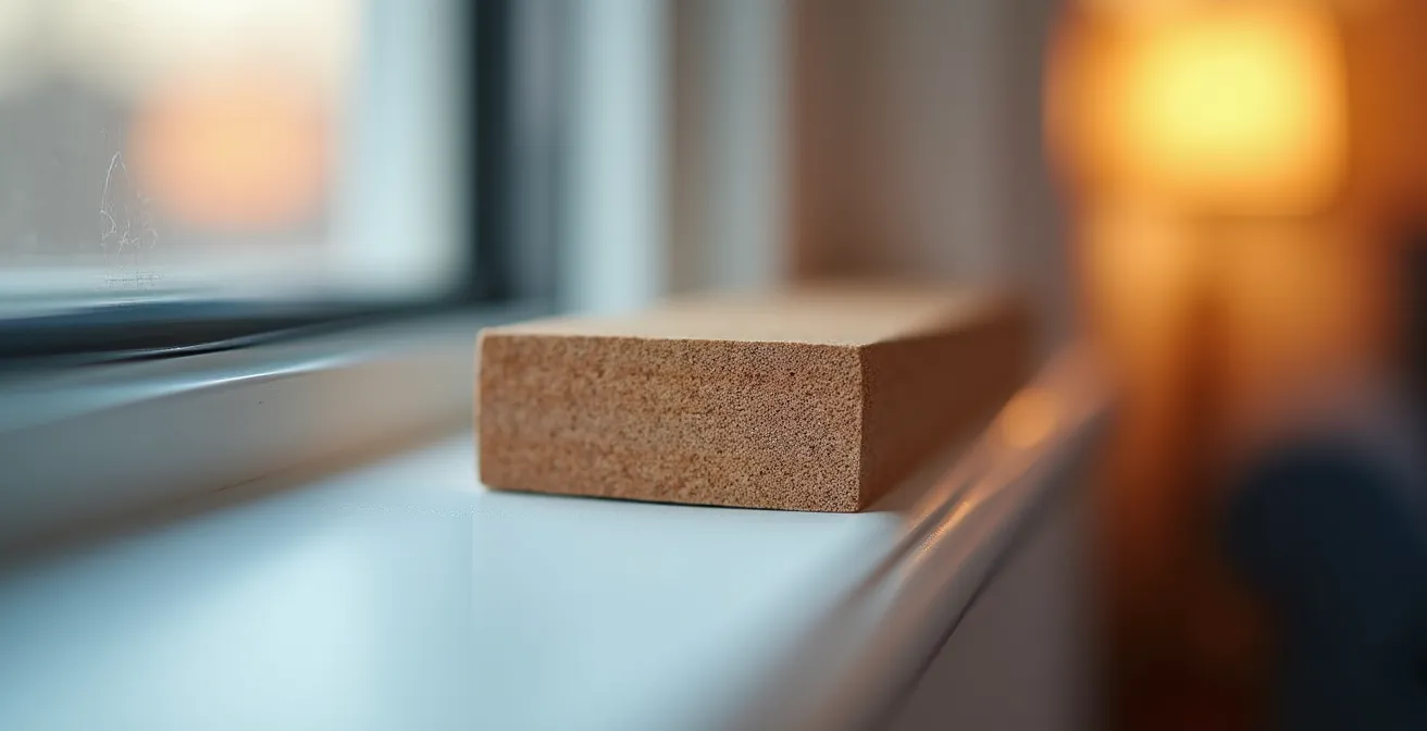 Vue intérieure d'une fenêtre avec volets fermés montrant l'effet isolant thermique