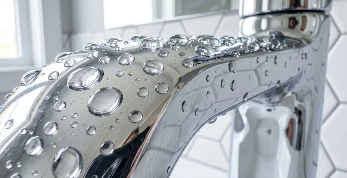 Photographie macro de gouttes d'eau perlant sur un robinet chromé avec reflets lumineux et arrière-plan flouté