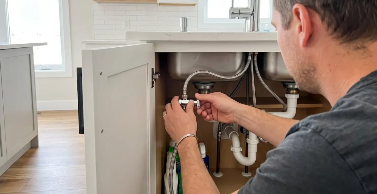 Vue par-dessus l'épaule d'une personne refermant un robinet d'arrêt chromé sous un évier de cuisine moderne