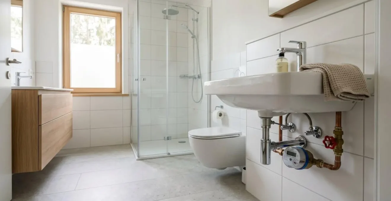 Salle de bain contemporaine lumineuse avec compteur d'eau et robinetterie visible sous l'évier, éclairée par la lumière naturelle d'une fenêtre