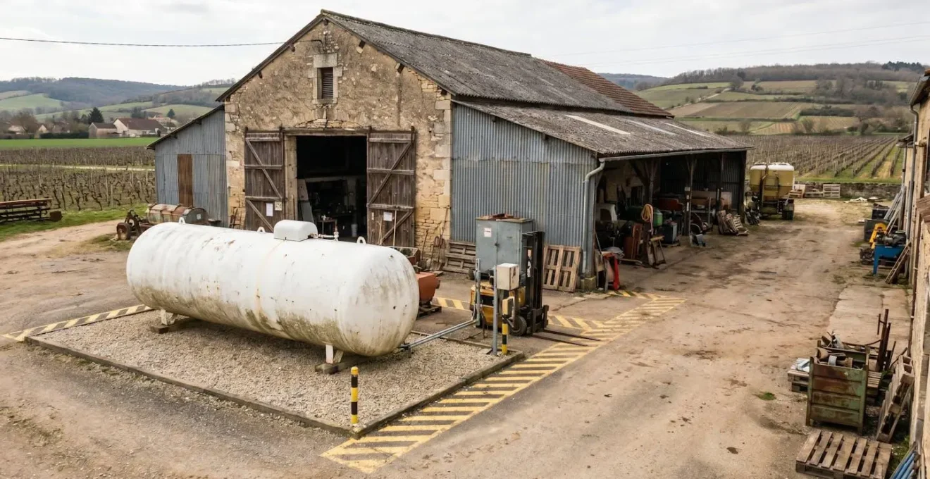Citerne de propane aérienne installée sur un site industriel professionnel avec distances de sécurité respectées