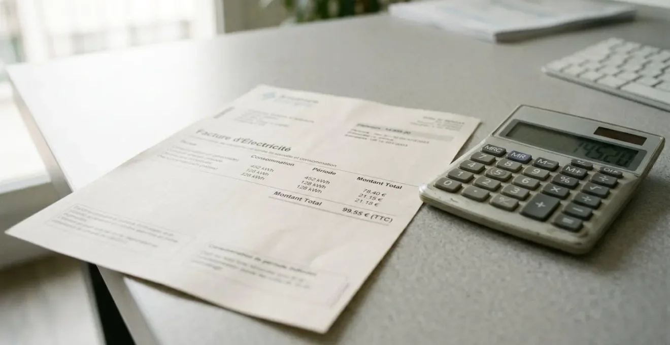 Gros plan sur une facture d'énergie française affichant des chiffres de consommation en kWh et montants en euros, avec une calculatrice posée à proximité sur un bureau moderne