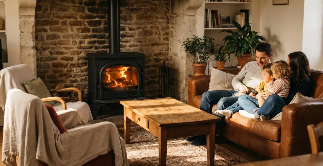 Poêle à bois allumé dans le salon d'une maison individuelle, ambiance chaleureuse et lumineuse