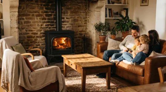 Poêle à bois allumé dans le salon d'une maison individuelle, ambiance chaleureuse et lumineuse