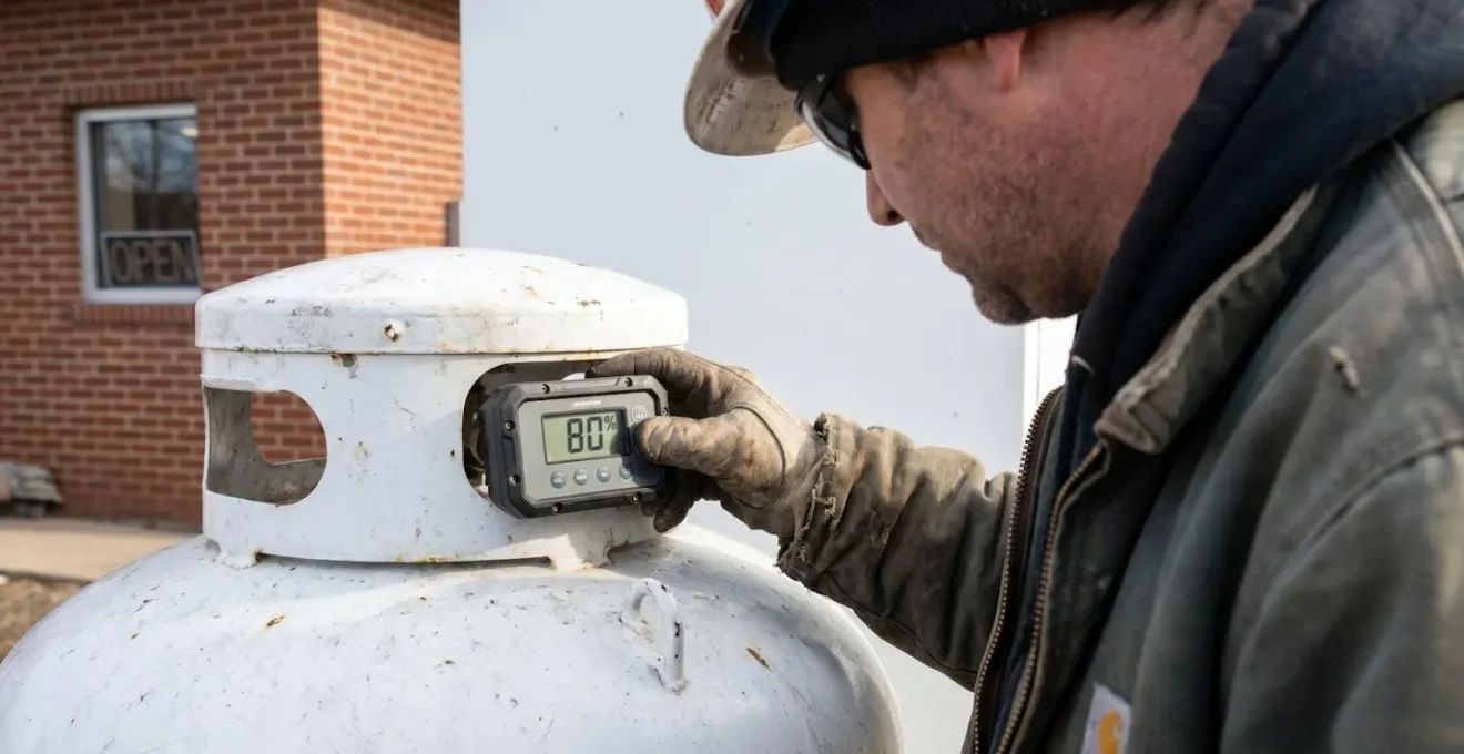 Responsable technique d'une PME vérifiant la jauge connectée d'une citerne de propane sur son site d'activité
